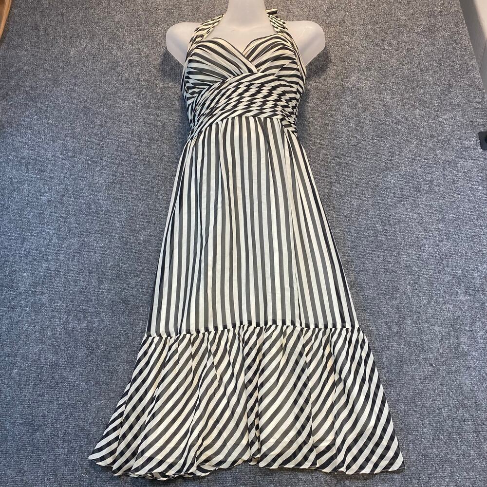 BCBGMaxAzria Black and White Striped Midi Halter Dress